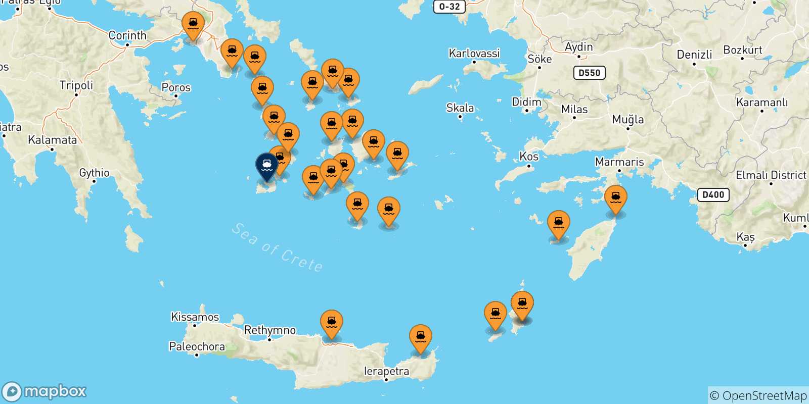 Mappa delle possibili rotte tra la Grecia e Milos