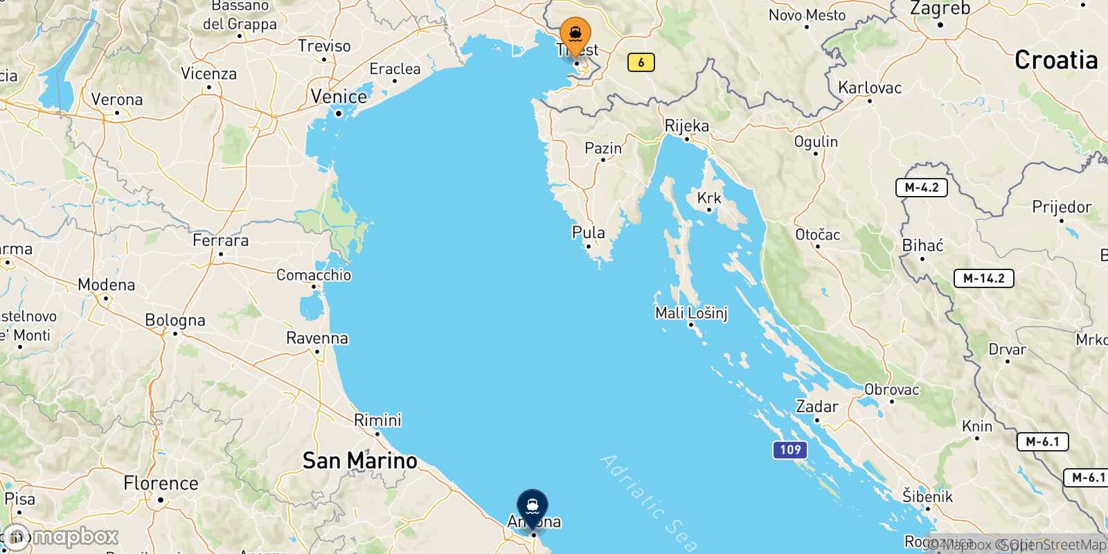 Mappa della rotta Trieste Ancona