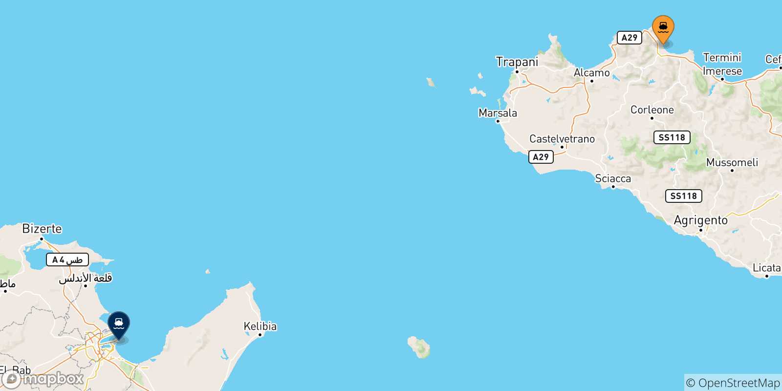Mappa delle possibili rotte tra la Sicilia e Tunisi