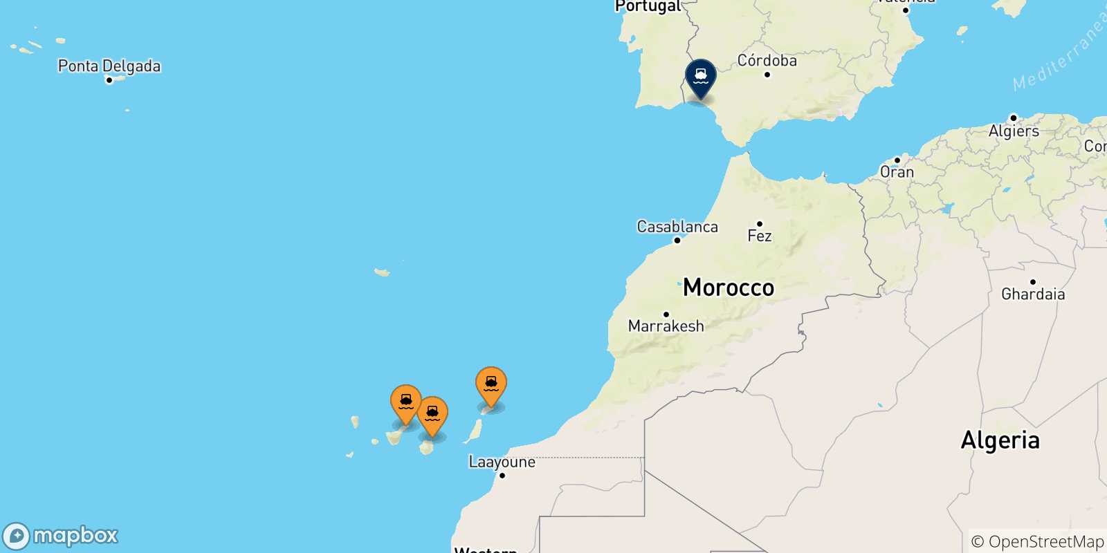 Mappa delle possibili rotte tra la Spagna e Huelva