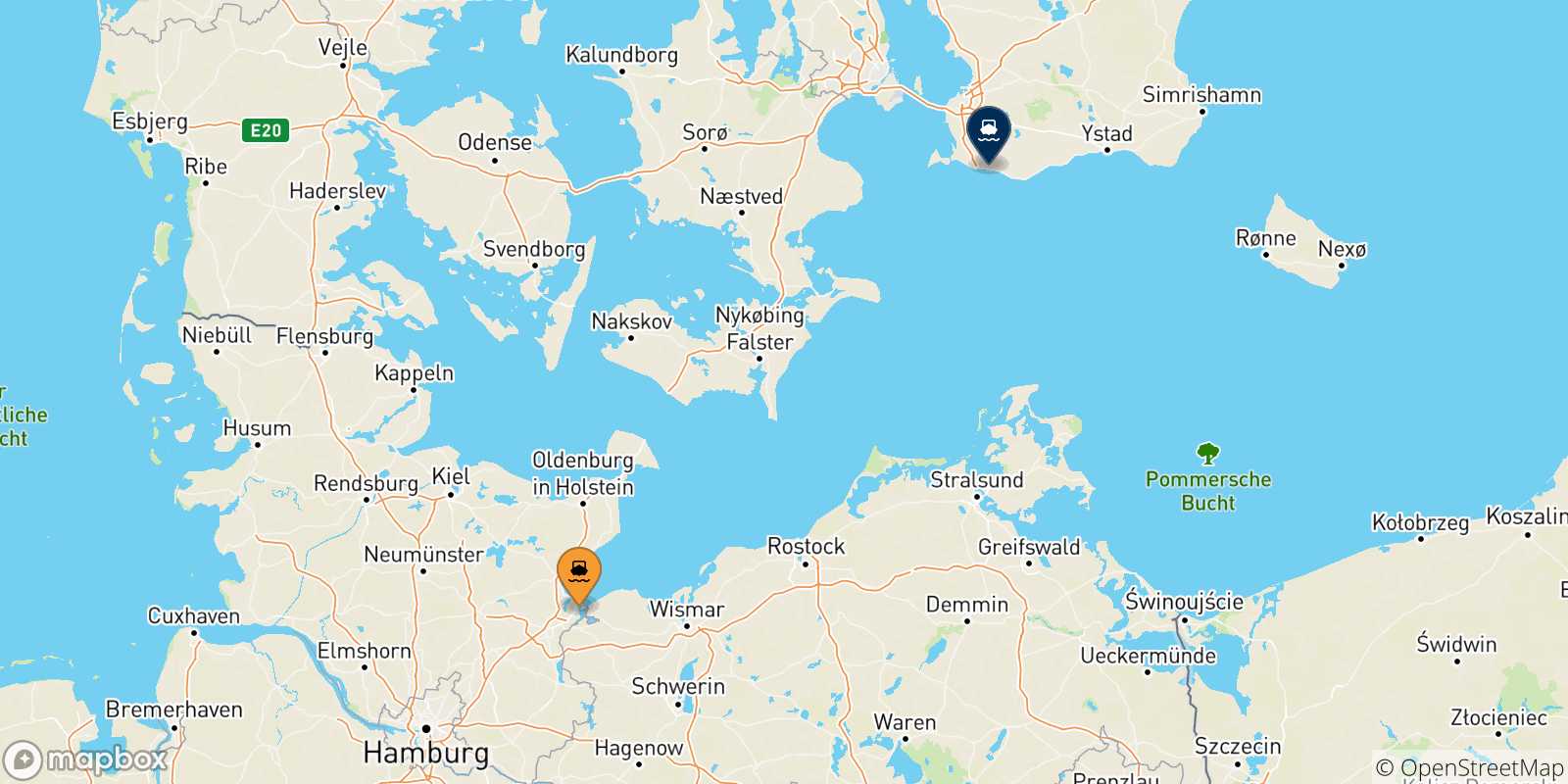 Mappa delle possibili rotte tra Travemünde e la Svezia