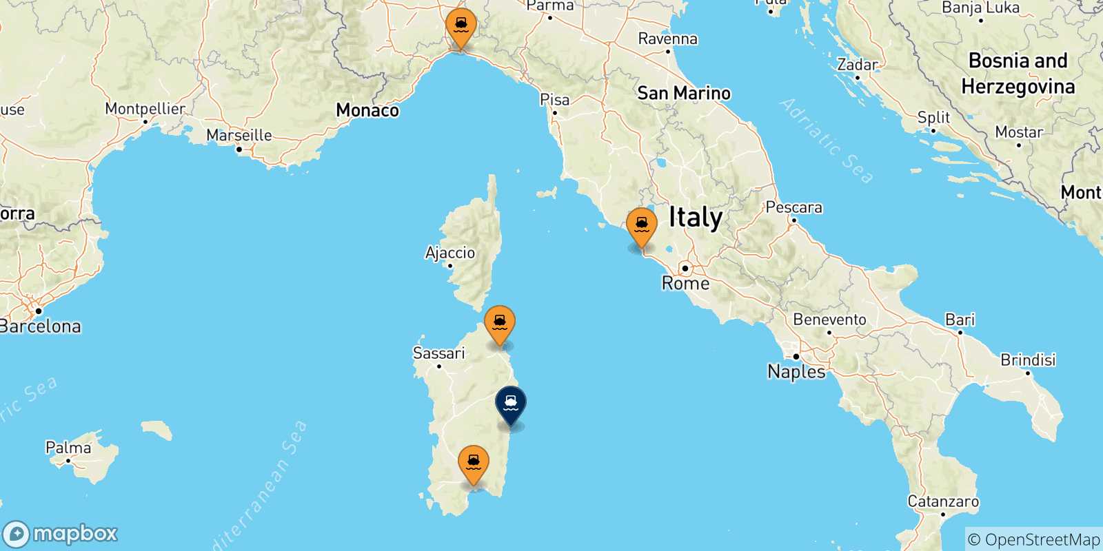 Mappa delle possibili rotte tra l'Italia e Arbatax