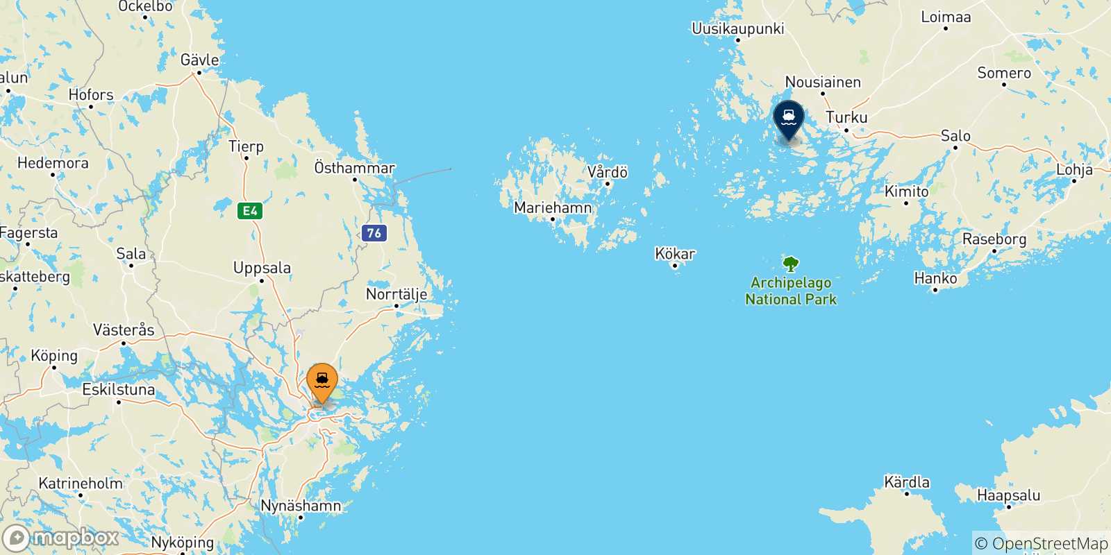 Mappa delle possibili rotte tra la Svezia e Turku