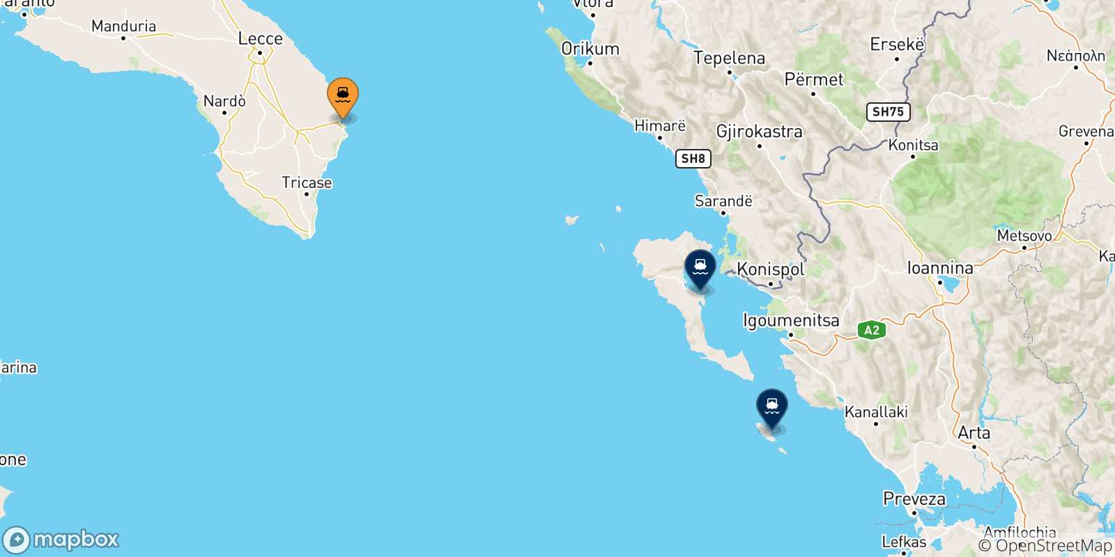 Mappa delle possibili rotte tra Otranto e le Isole Ionie