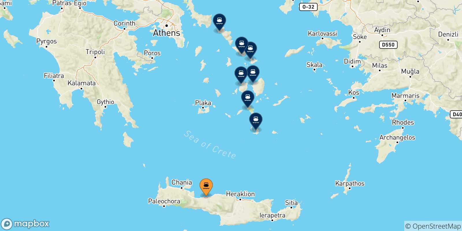 Mappa delle possibili rotte tra Rethimno e le Isole Cicladi