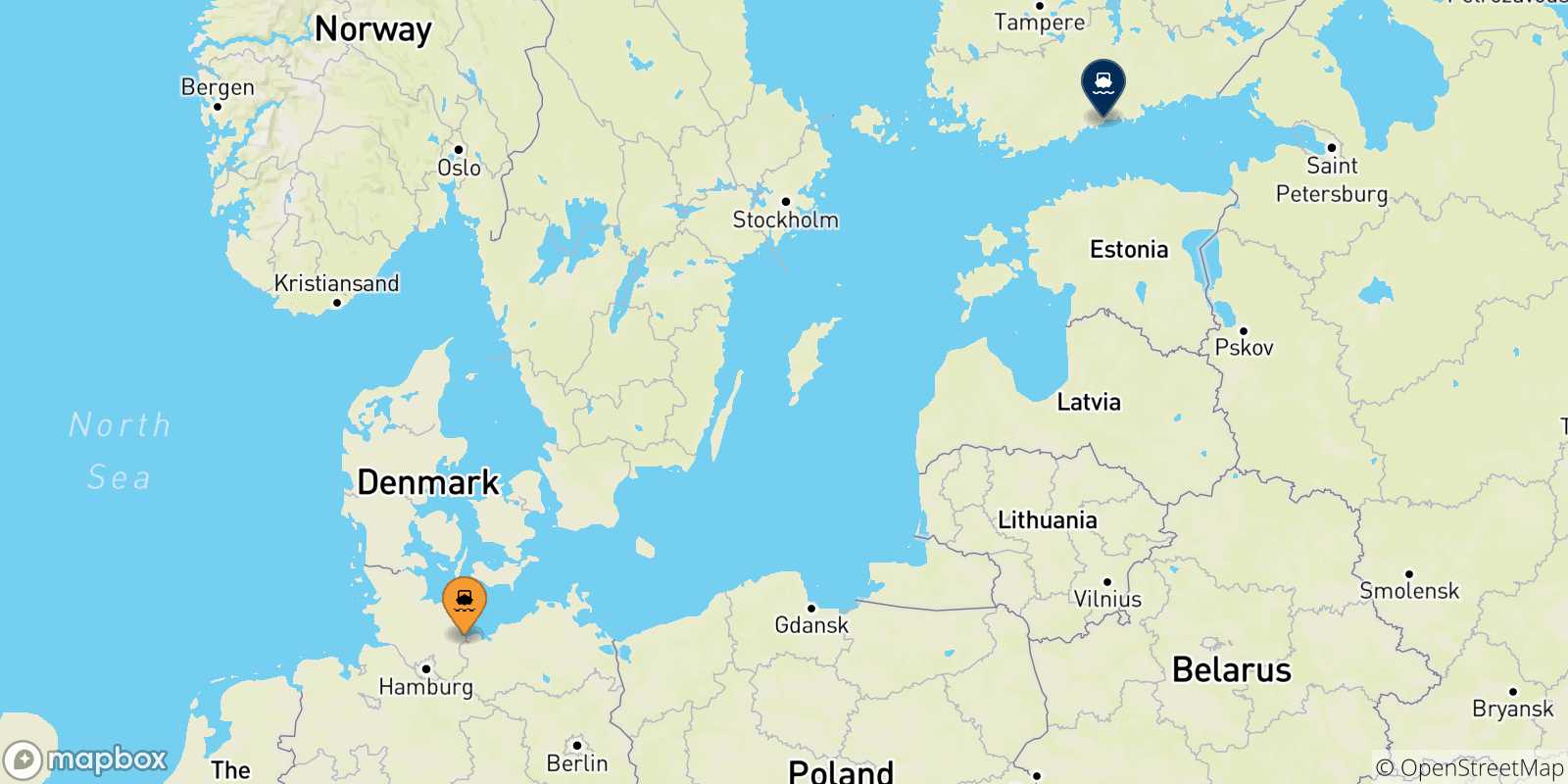 Mappa delle possibili rotte tra la Germania e la Finlandia