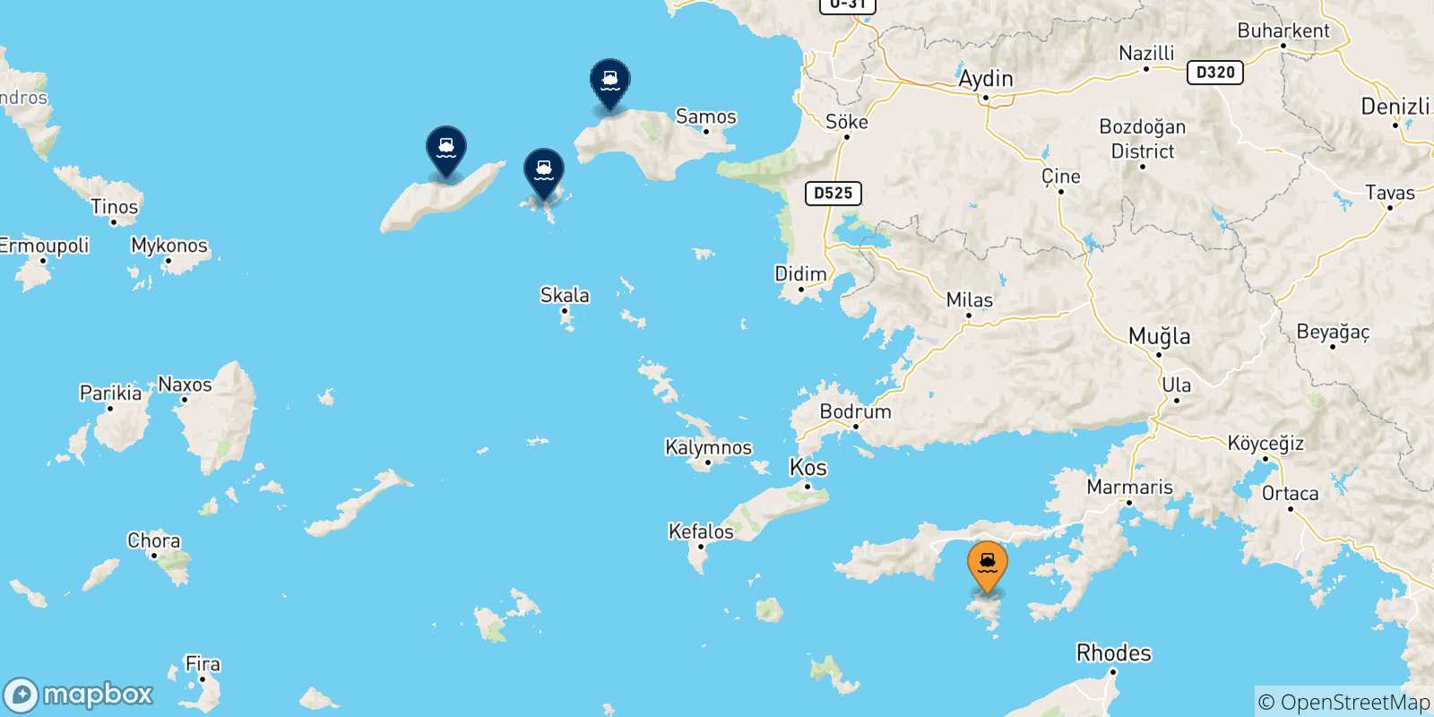 Mappa delle possibili rotte tra Symi e le Isole Egeo Nord Orientale