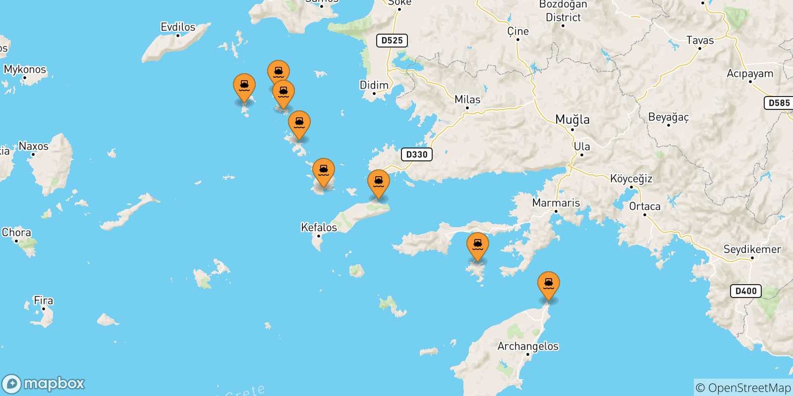Mappa delle possibili rotte tra le Isole Dodecaneso e Agathonisi