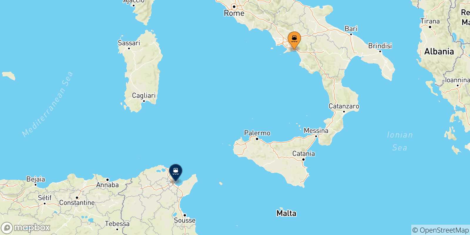 Mappa delle possibili rotte tra Salerno e la Tunisia