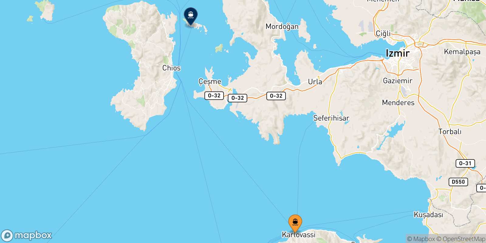 Mappa della rotta Karlovassi (Samos) Inousses