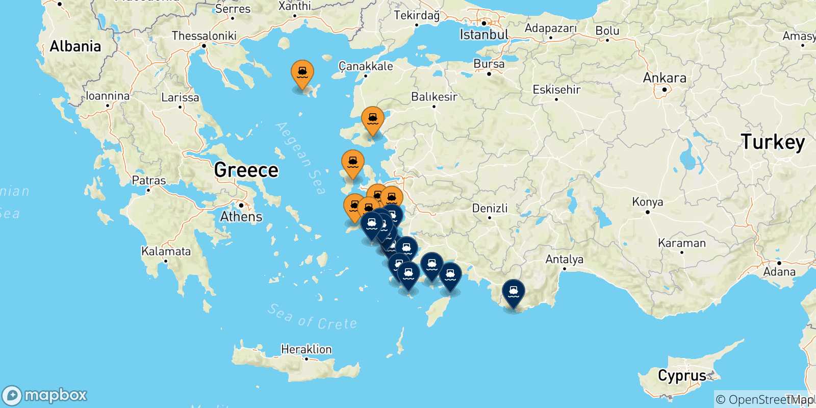 Mappa delle possibili rotte tra le Isole Egeo Nord Orientale e le Isole Dodecaneso