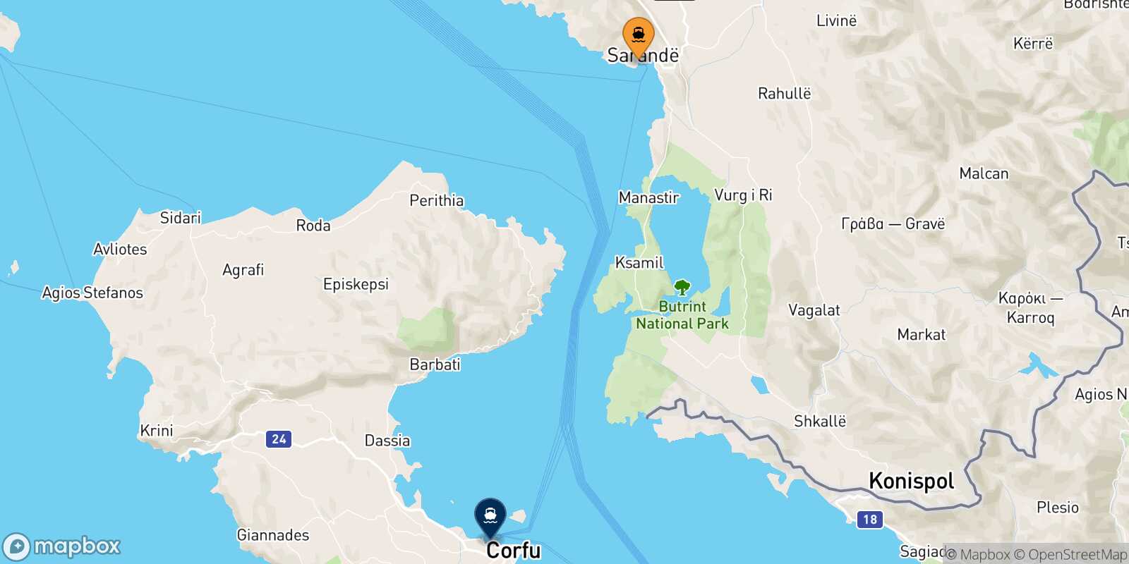 Mappa della rotta Saranda Corfu