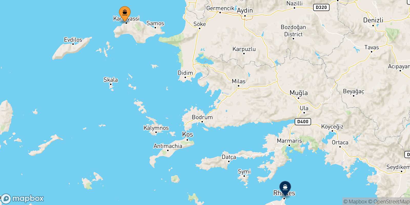 Mappa della rotta Pythagorio (Samos) Rodi