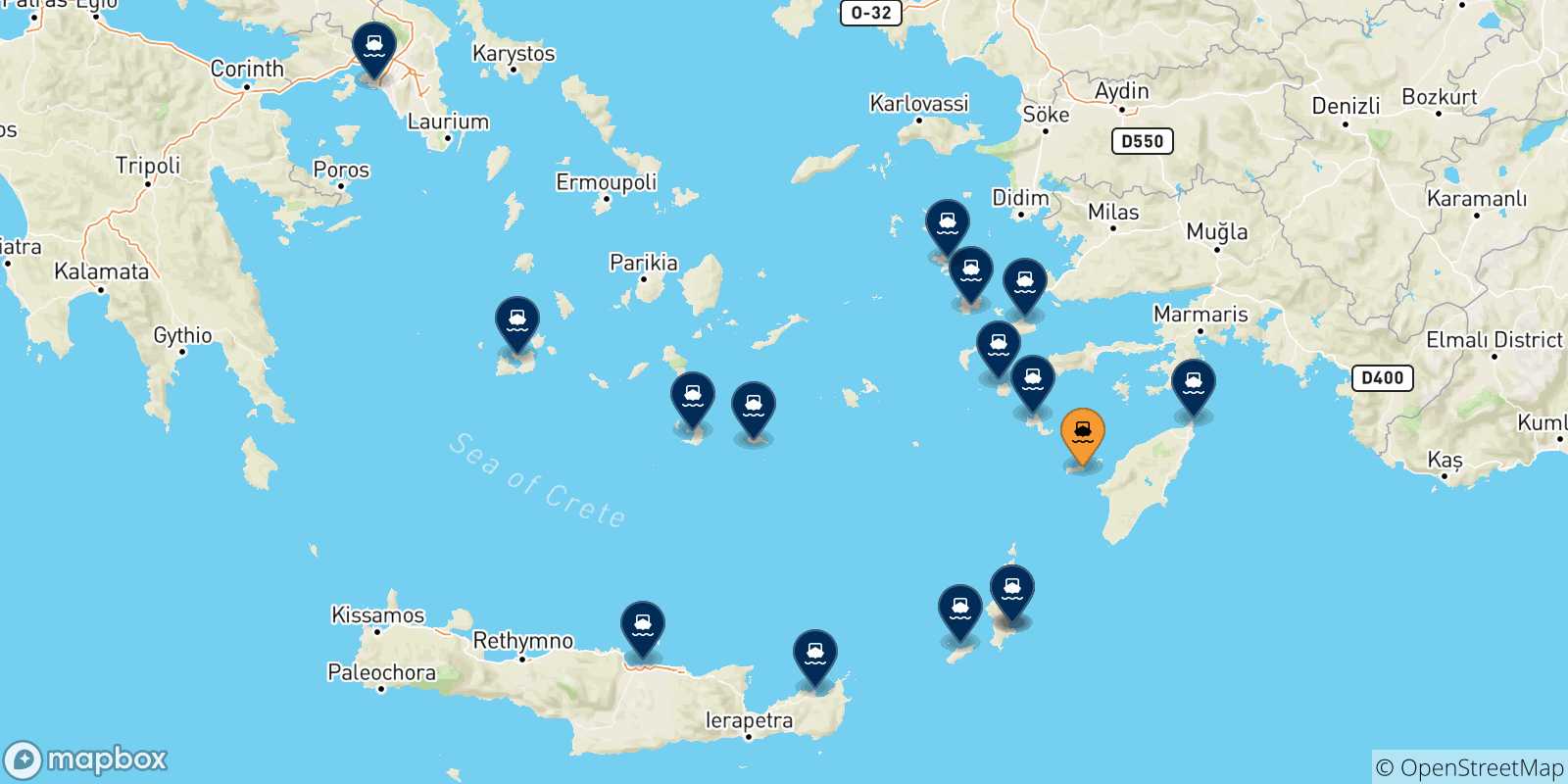 Mappa delle possibili rotte tra Chalki e la Grecia