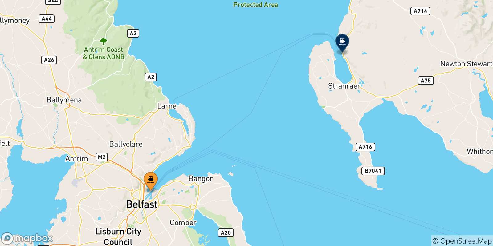 Mappa delle possibili rotte tra Belfast e la Scozia