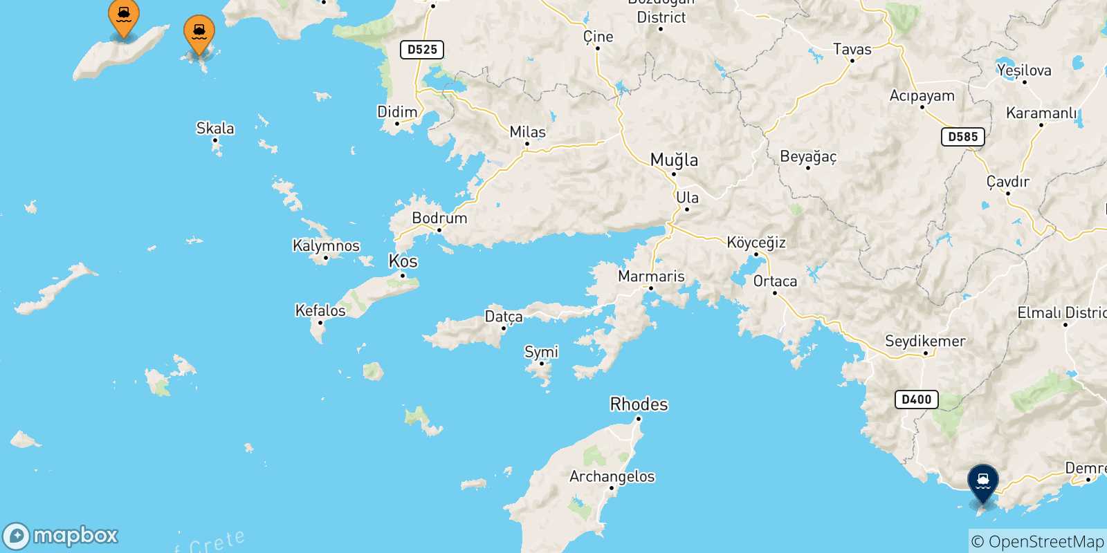 Mappa delle possibili rotte tra le Isole Egeo Nord Orientale e Kastellorizo
