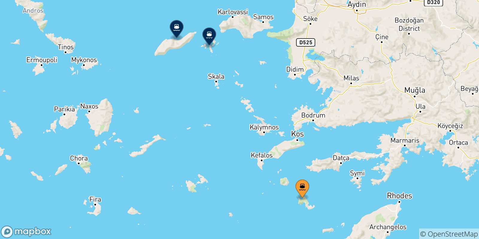 Mappa delle possibili rotte tra Tilos e le Isole Egeo Nord Orientale
