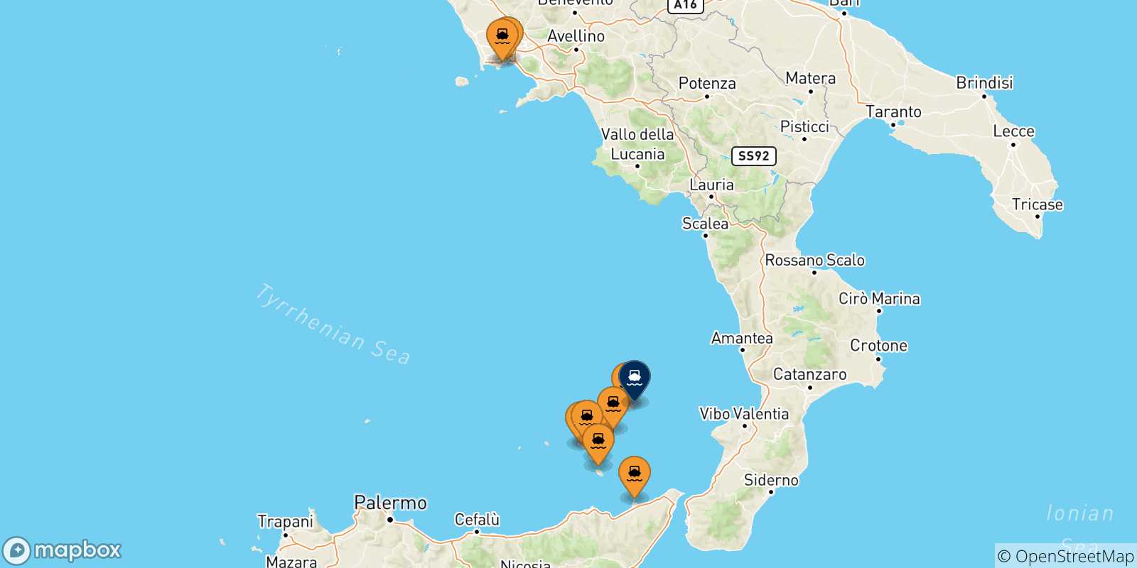 Mappa delle possibili rotte tra l'Italia e Stromboli