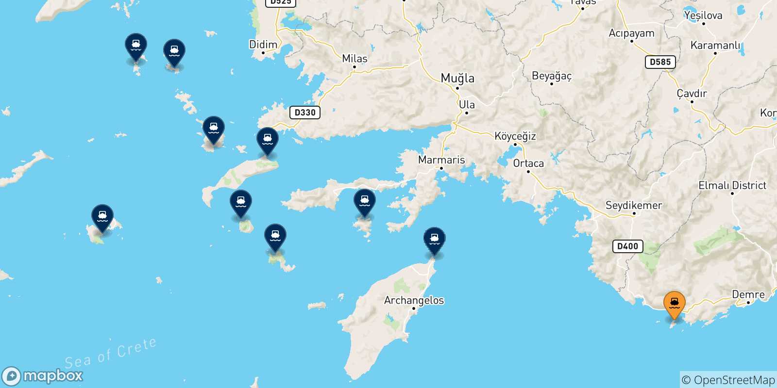 Mappa delle possibili rotte tra Kastellorizo e le Isole Dodecaneso
