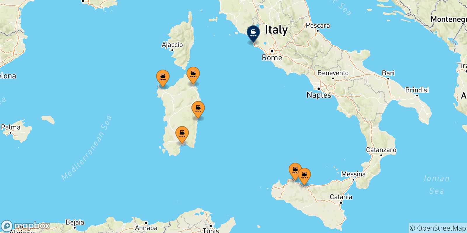 Mappa delle possibili rotte tra l'Italia e Civitavecchia