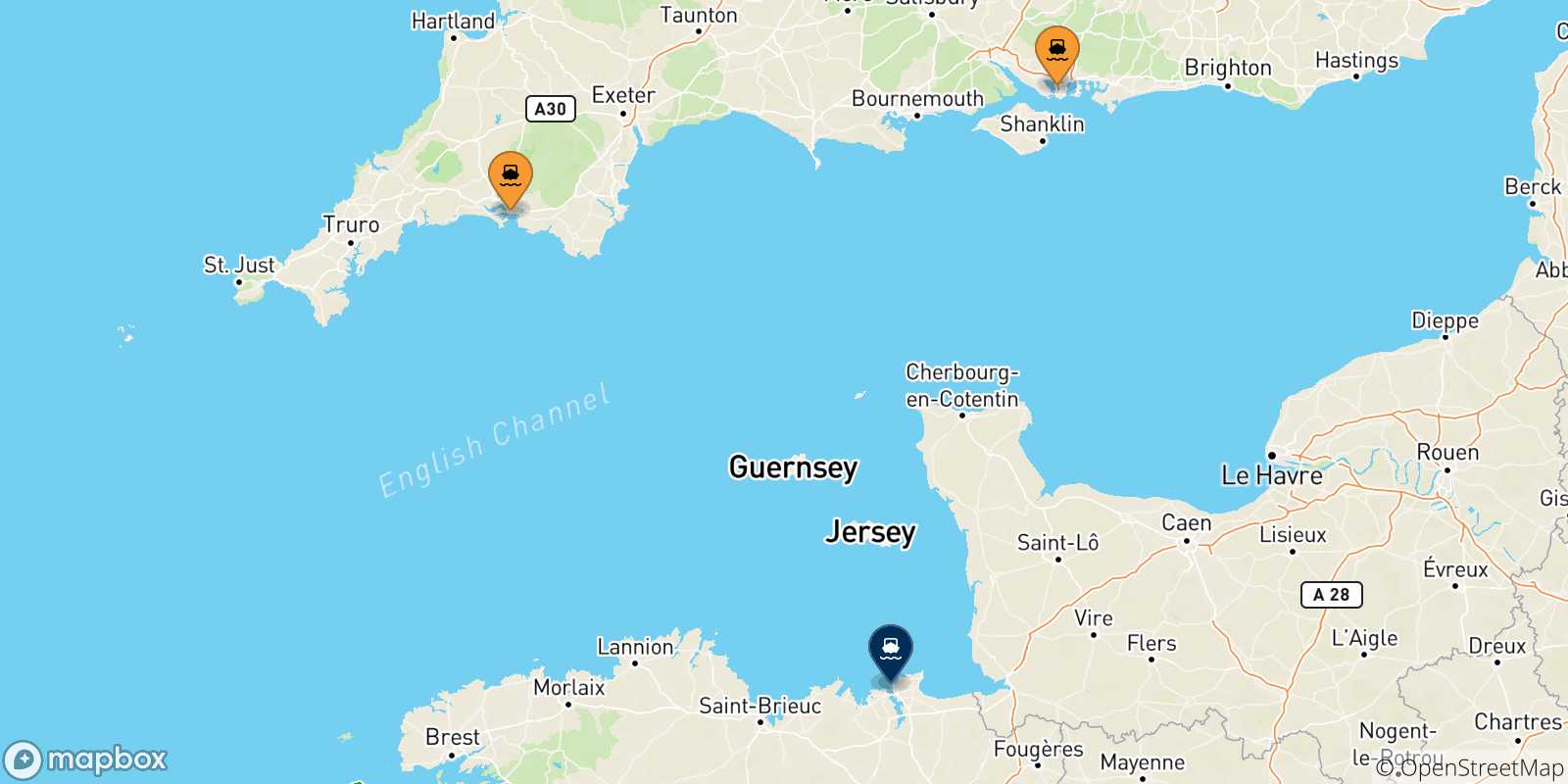 Mappa delle possibili rotte tra il Regno Unito e St Malo