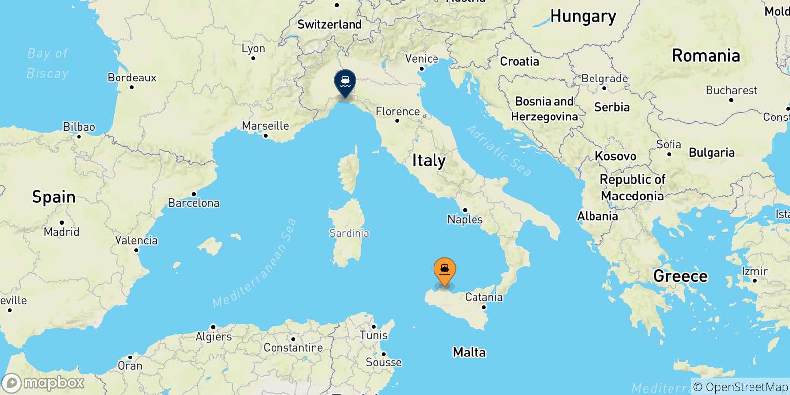 Mappa delle possibili rotte tra la Sicilia e Genova