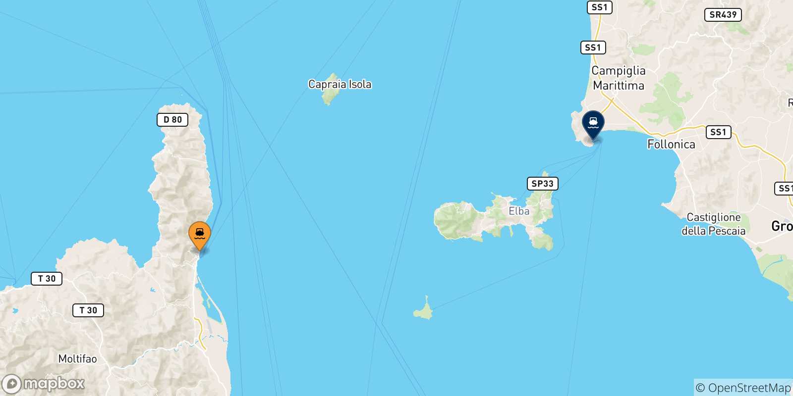 Mappa delle possibili rotte tra la Corsica e Piombino