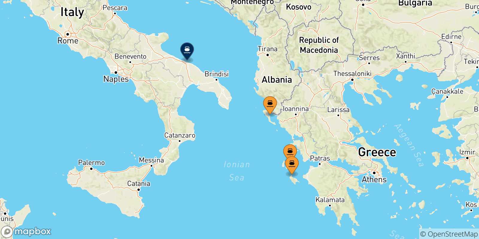 Mappa delle possibili rotte tra le Isole Ionie e Bari