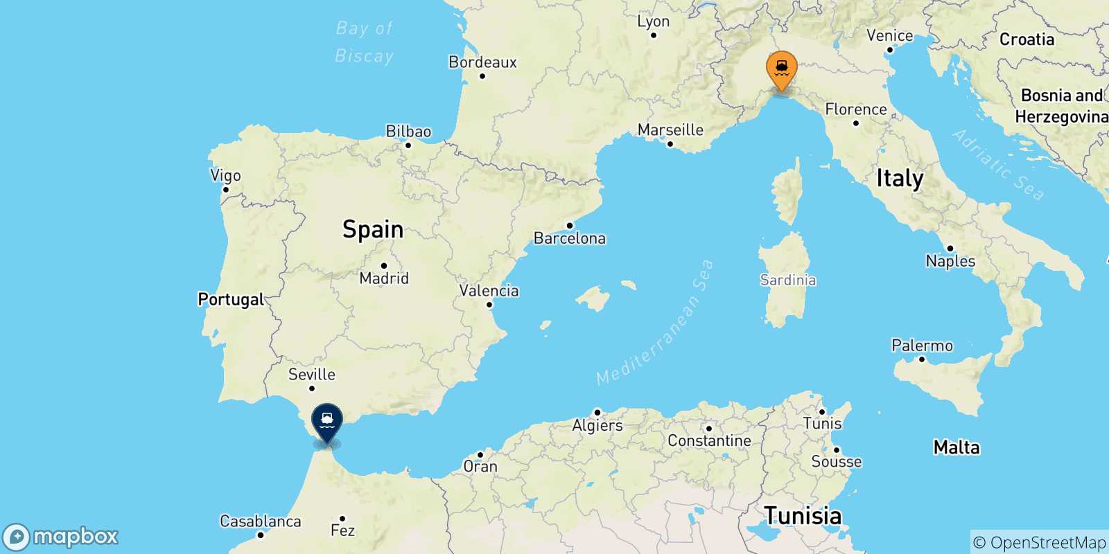 Mappa delle possibili rotte tra Genova e il Marocco
