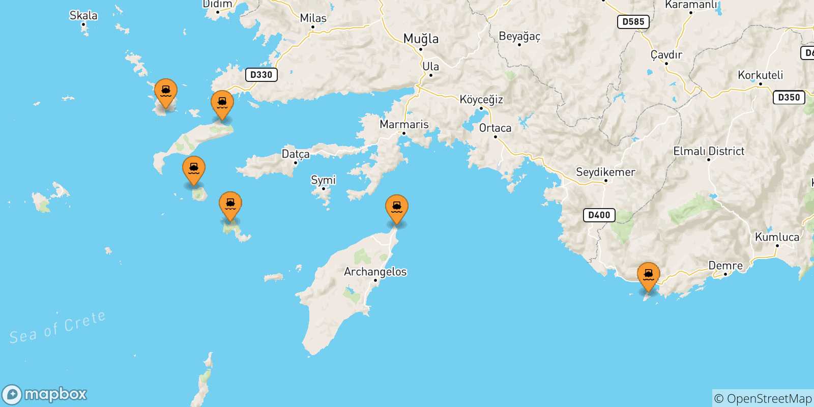 Mappa delle possibili rotte tra le Isole Dodecaneso e Astypalea