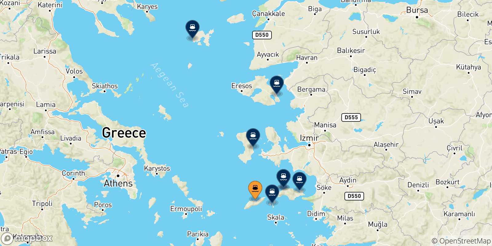 Mappa delle possibili rotte tra Agios Kirikos (Ikaria) e le Isole Egeo Nord Orientale