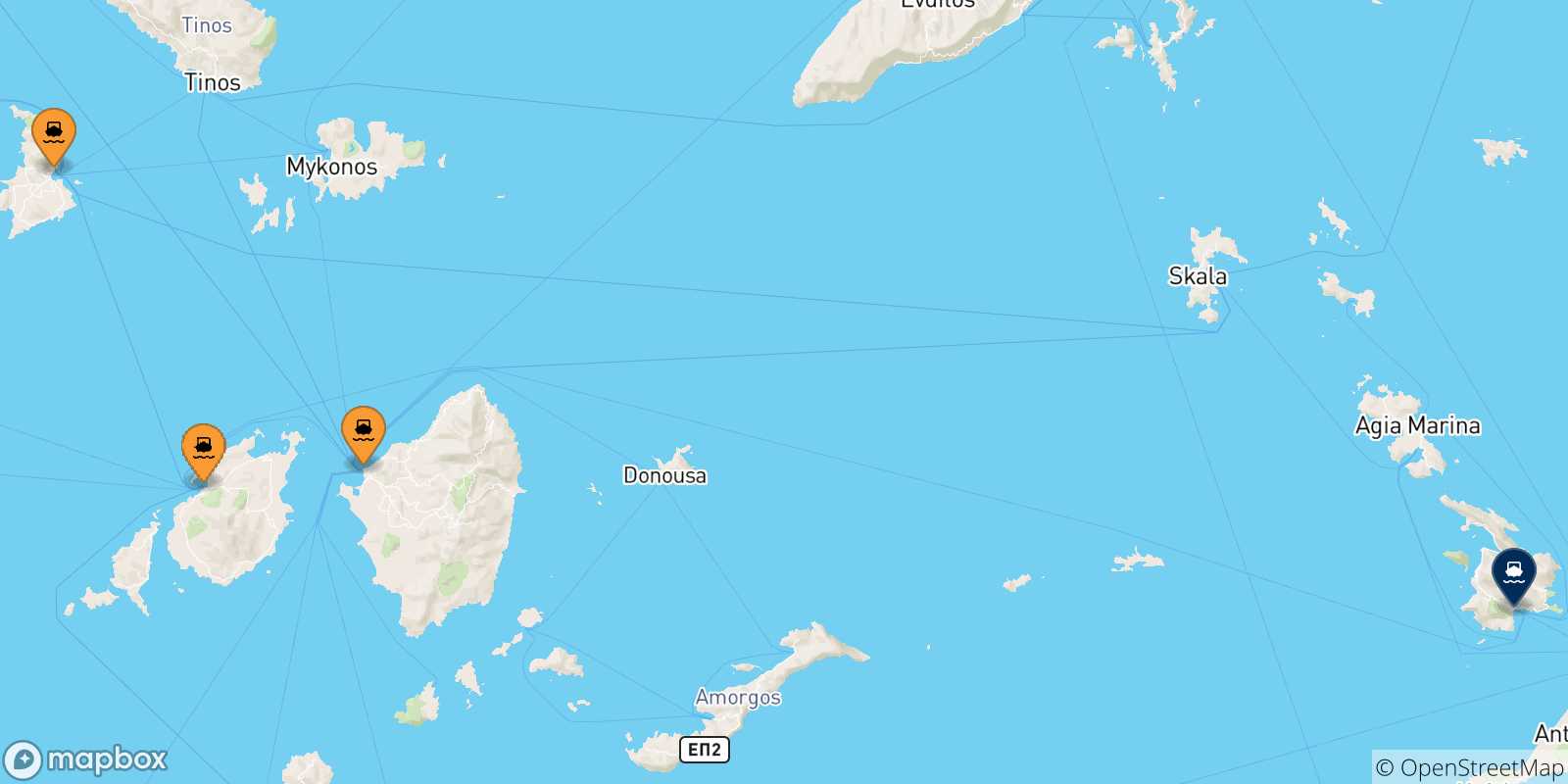 Mappa delle possibili rotte tra le Isole Cicladi e Kalymnos