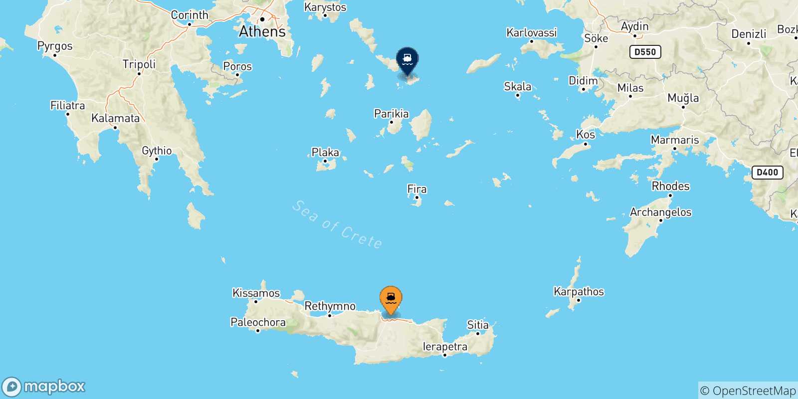 Mappa delle possibili rotte tra Creta e Mykonos