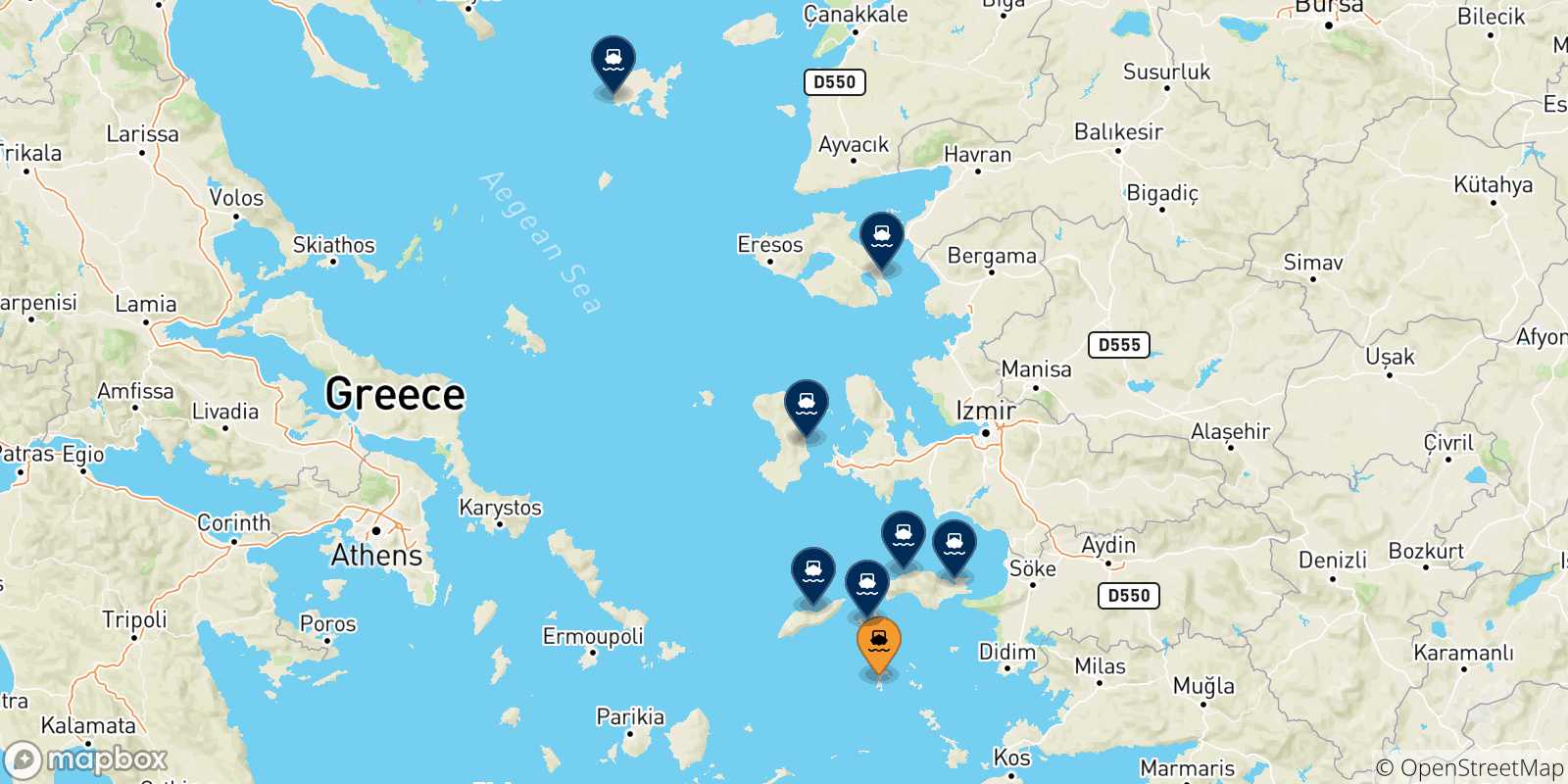Mappa delle possibili rotte tra Patmos e le Isole Egeo Nord Orientale