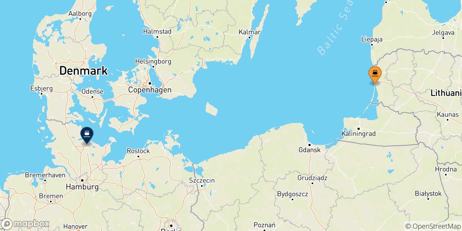 Mappa delle possibili rotte tra la Lituania e Kiel