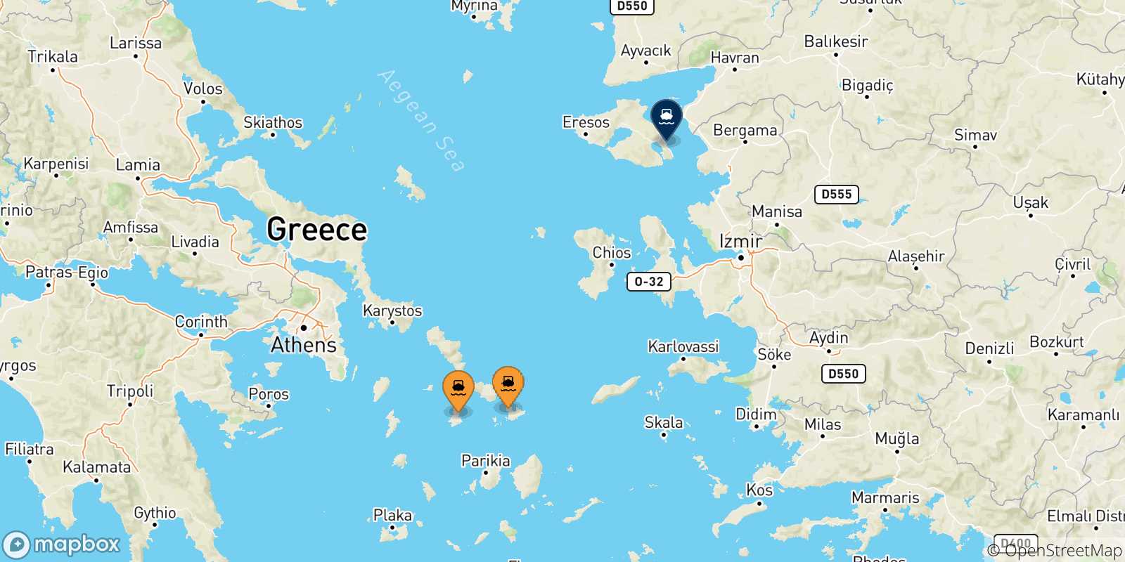 Mappa delle possibili rotte tra le Isole Cicladi e Mitilini (Lesvos)