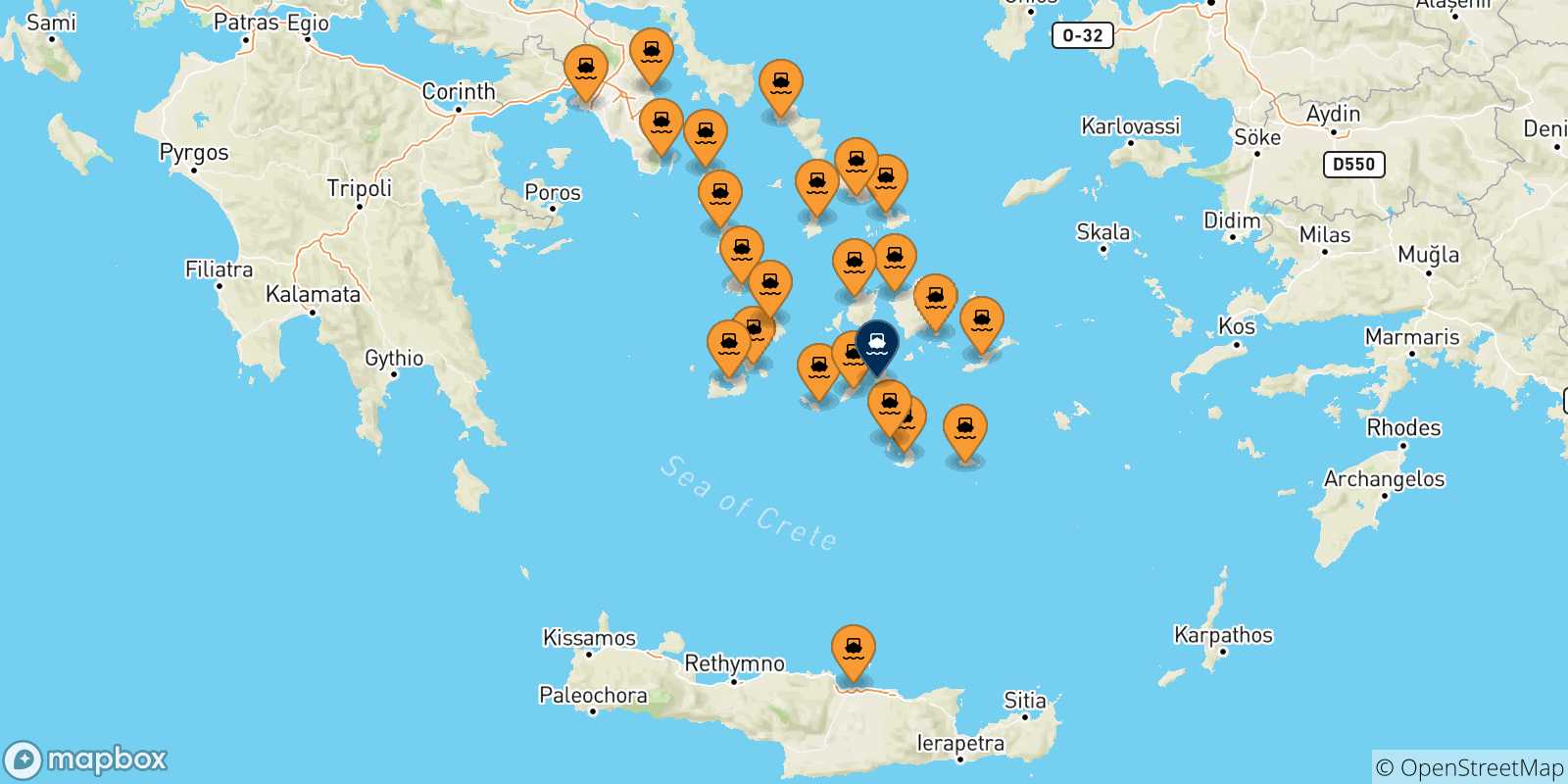 Mappa delle possibili rotte tra la Grecia e Ios