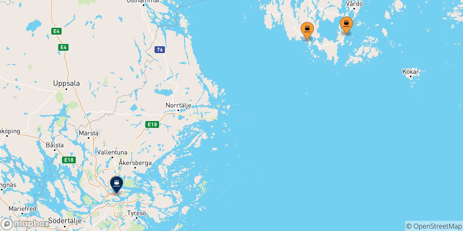 Mappa delle possibili rotte tra le Isole Aland e Stoccolma