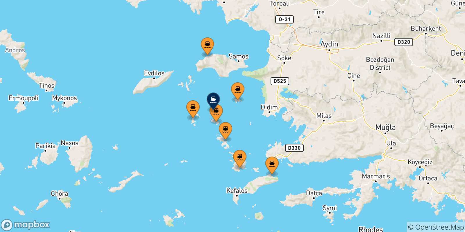 Mappa delle possibili rotte tra la Grecia e Arkyi