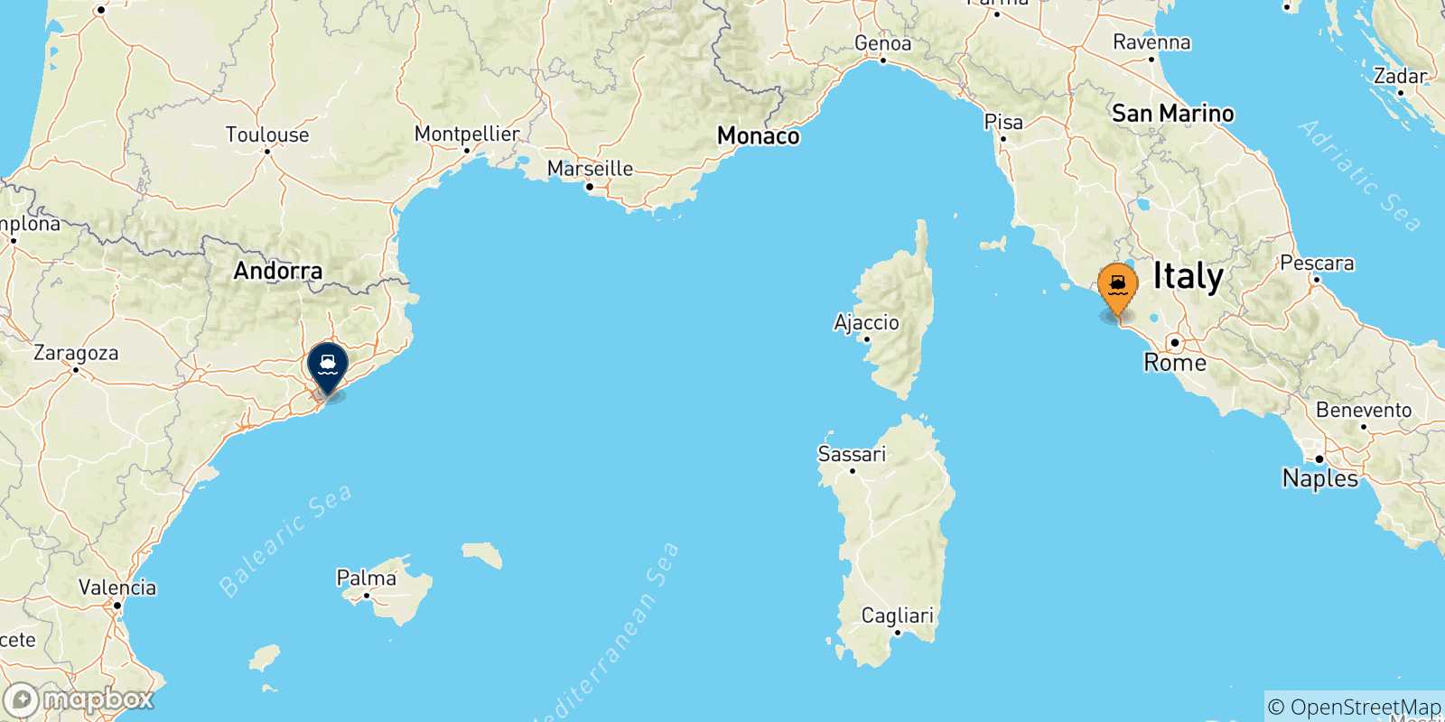 Mappa delle possibili rotte tra Civitavecchia e la Spagna