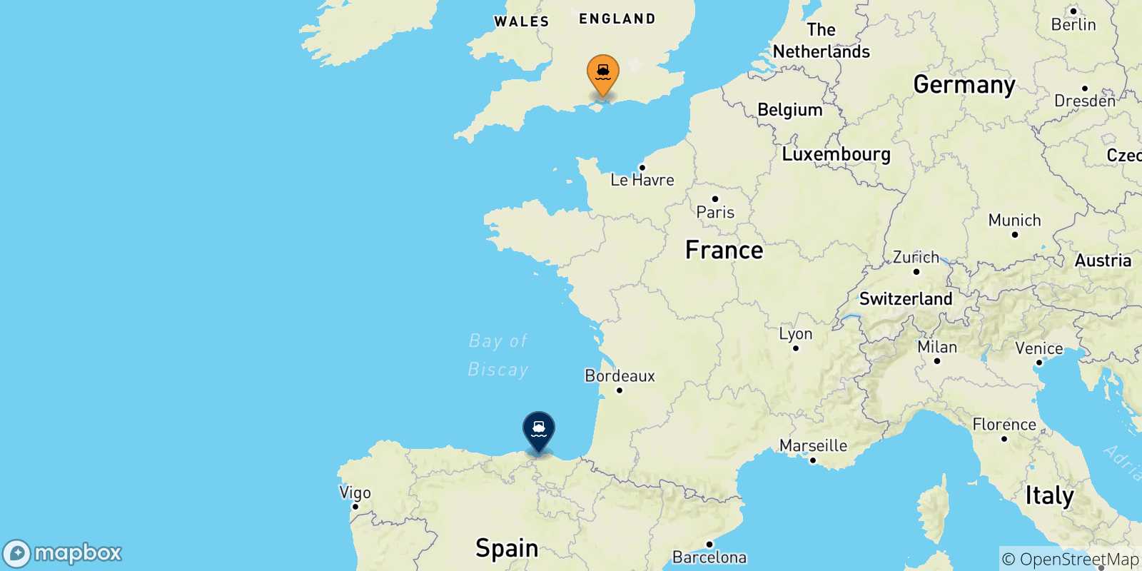 Mappa delle possibili rotte tra il Regno Unito e Bilbao