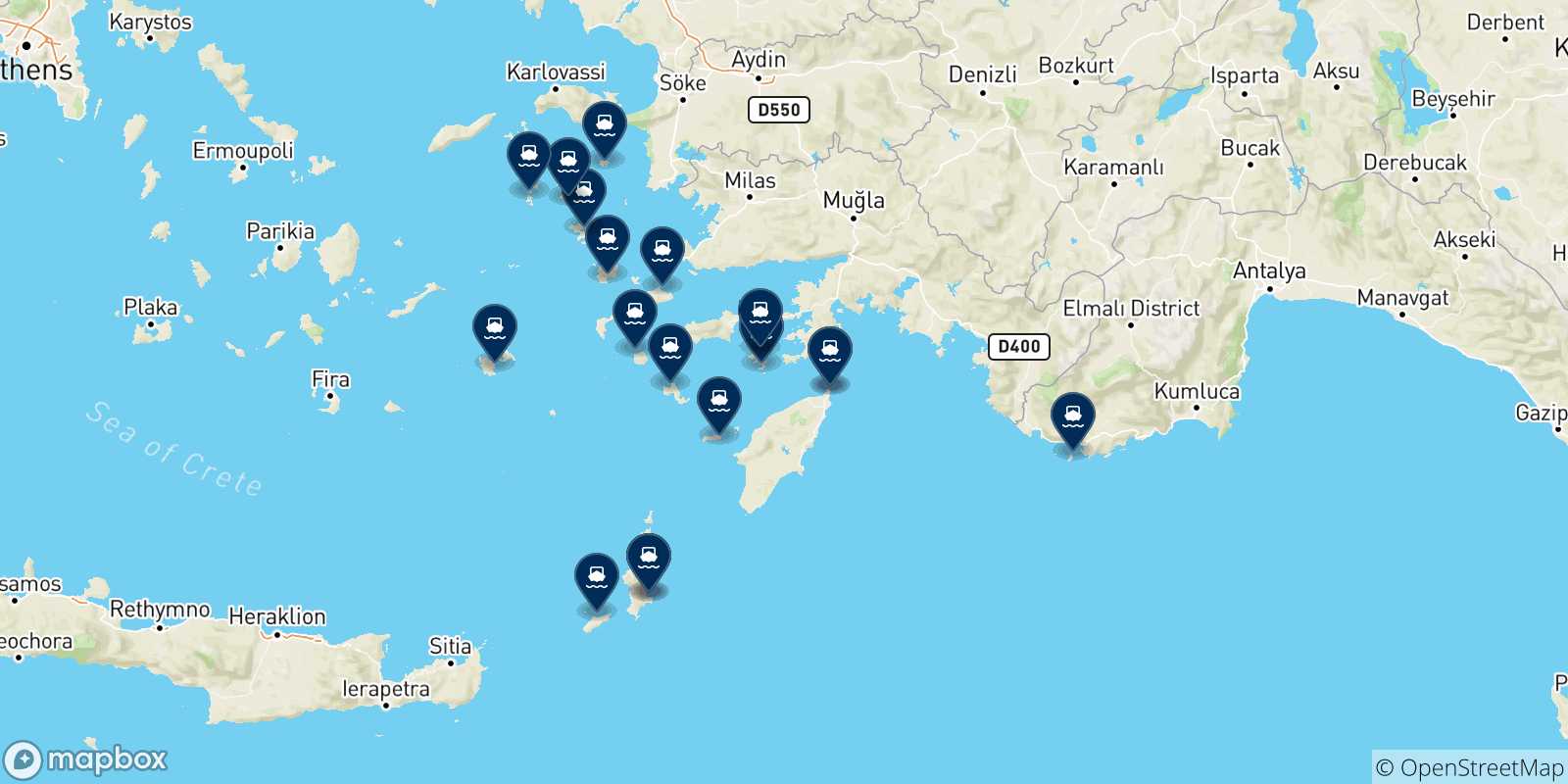 Mappa delle possibili rotte tra Rodi e le Isole Dodecaneso