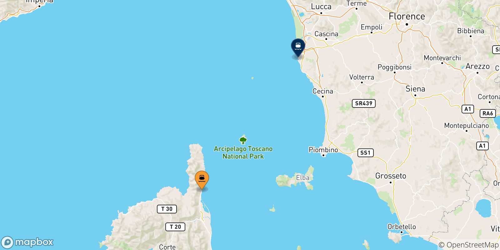 Mappa delle possibili rotte tra la Corsica e Livorno