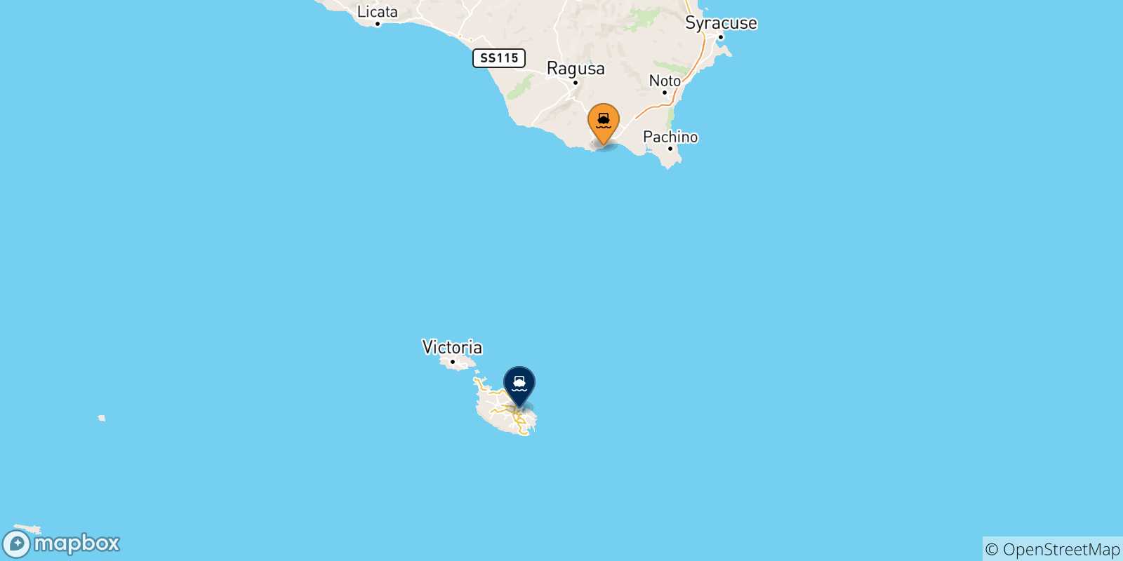 Mappa delle possibili rotte tra Pozzallo e Malta