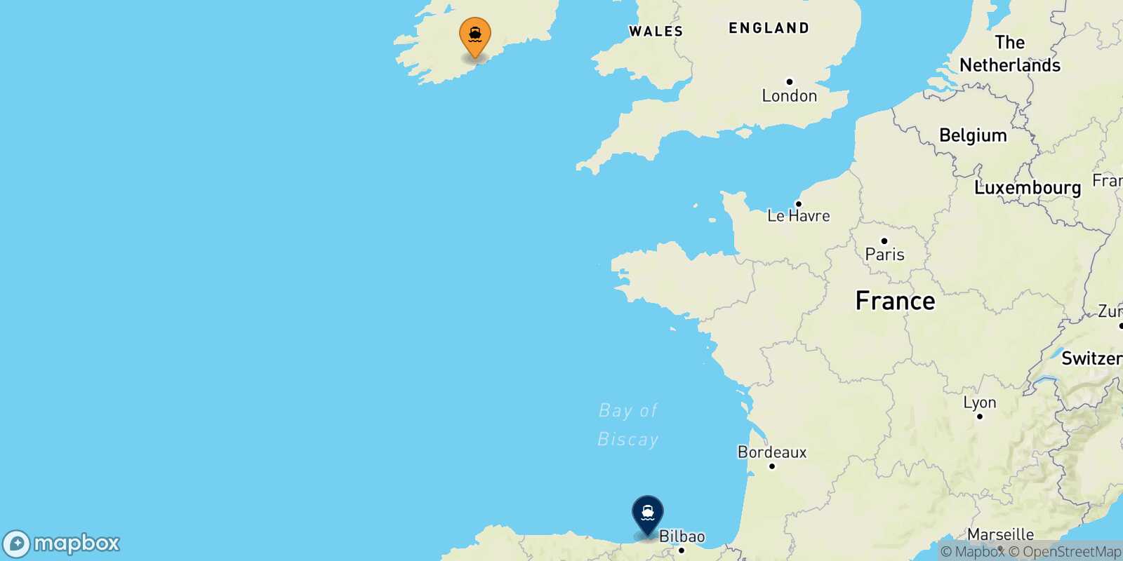 Mappa delle destinazioni raggiungibili da Cork
