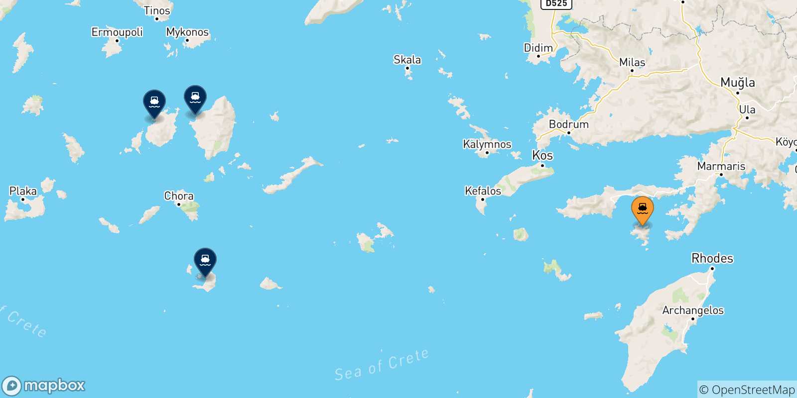 Mappa delle possibili rotte tra Symi e le Isole Cicladi