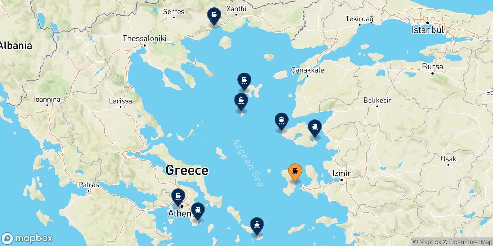 Mappa delle destinazioni raggiungibili da Mesta Chios