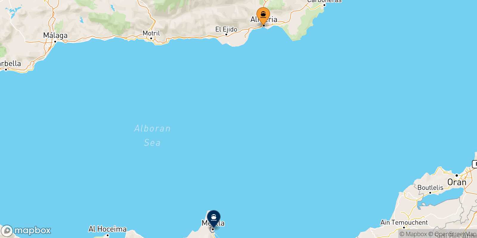 Mappa delle destinazioni raggiungibili da Almería