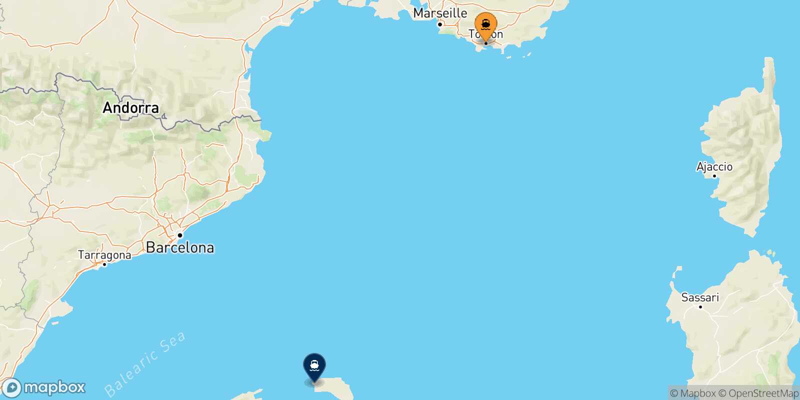 Mappa della rotta Tolone Ciutadella (Minorca)