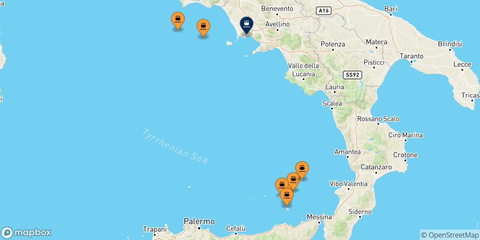 Mappa delle possibili rotte tra l'Italia e Napoli Mergellina